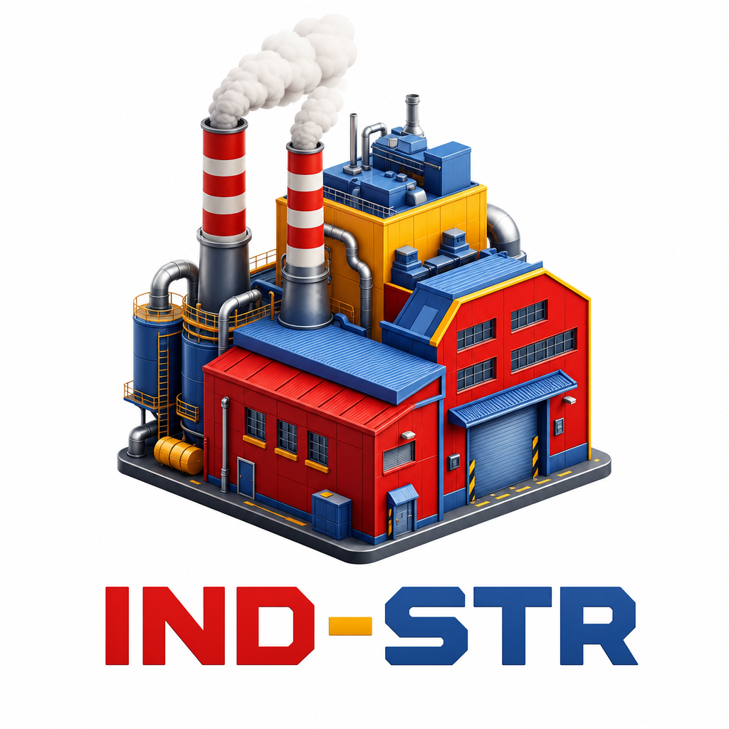 Sigla IND-STR — fabrică industrială 3D în roșu, galben și albastru